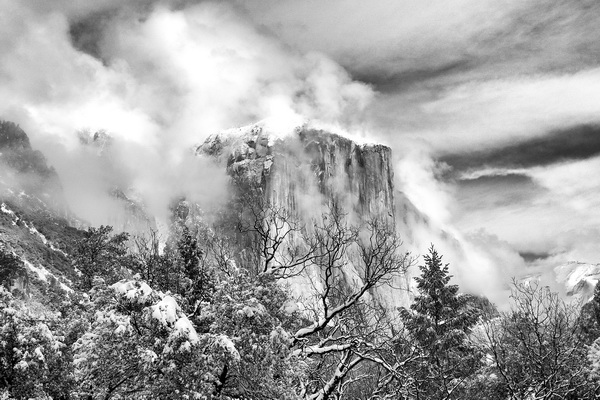 yosemite, black, white, ron, ronald, saunders, snow, winter,valley, view, landscape, fine art, keeble, shuchat, exhibition, clearing, weather, national, park