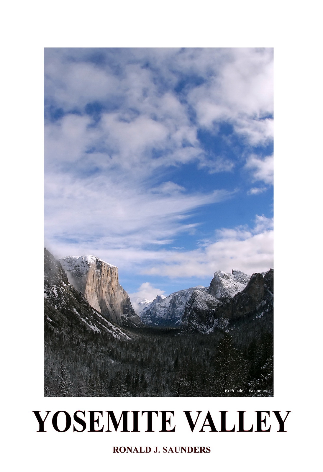 Here is a beatiful print of Yosemite Valley taken from Tunnel View.&nbsp;The cloud formations and the light dusting of snow compliment...
